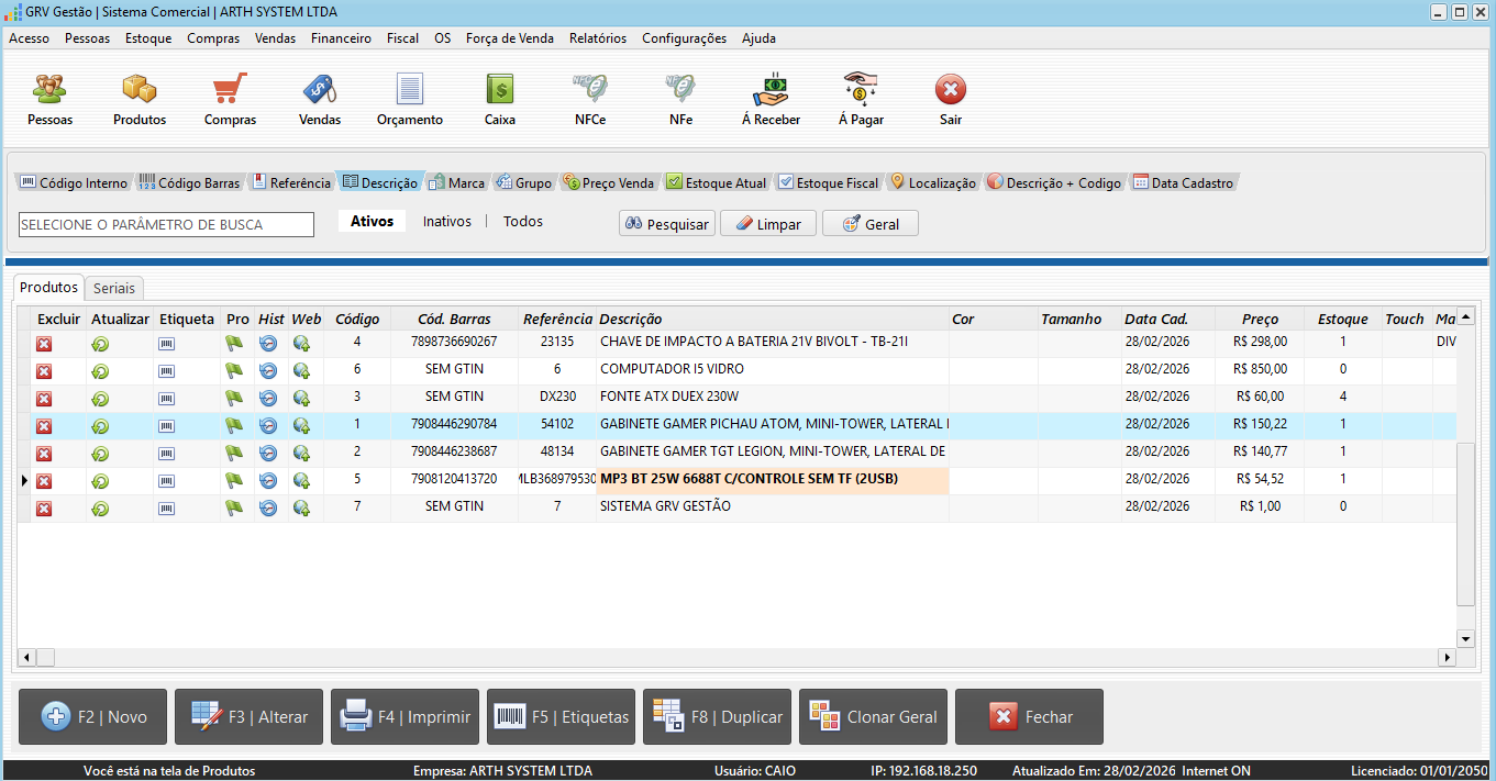 Cadastro de produtos